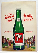 1948 7up The Fresh Up Family Drink Soda Pop Bottle Paper Sign Old Store Stock