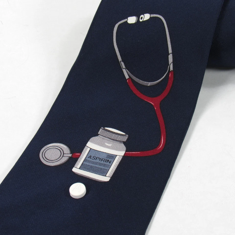 Corbata de seda para hombre Vicky Davis "Toma dos" aspirina tema médico azul marino nueva con etiquetas Foto 2 de 4
