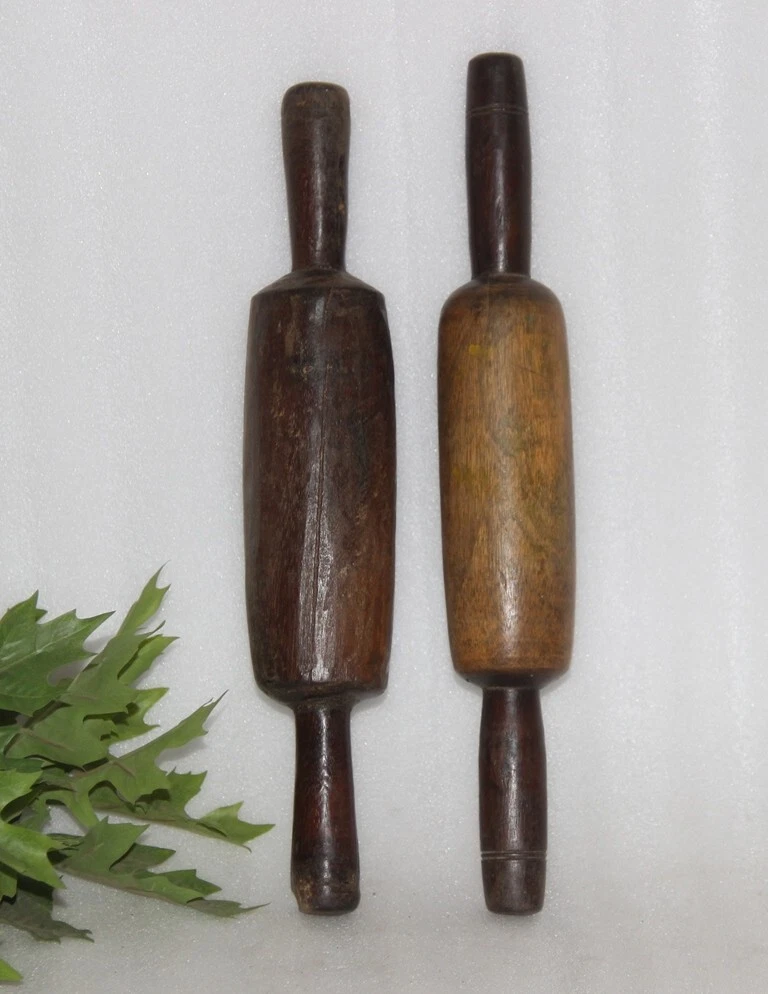Lot Of 2 Antique Wood Chapati Bread Roller Brooches Belans Original Old