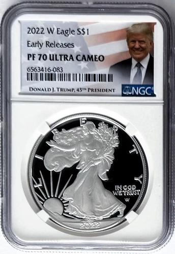 2022 W PROOF SILVER EAGLE EARLY RELEASES NGC PF70 PRESIDENT TRUMP FLAG LABEL