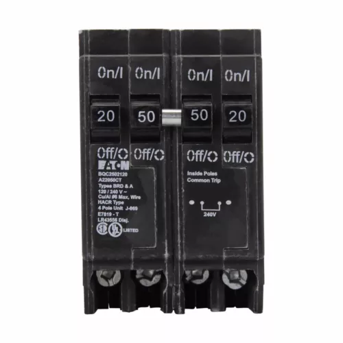 Eaton BQC Quadplex Circuit Breaker, 120/240V, (2) 20A, (1) 50A, 10kA Interrupt