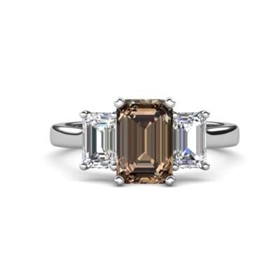 Smoky Quartz Lab Created Diamond Three Stone Engagement Ring 14K