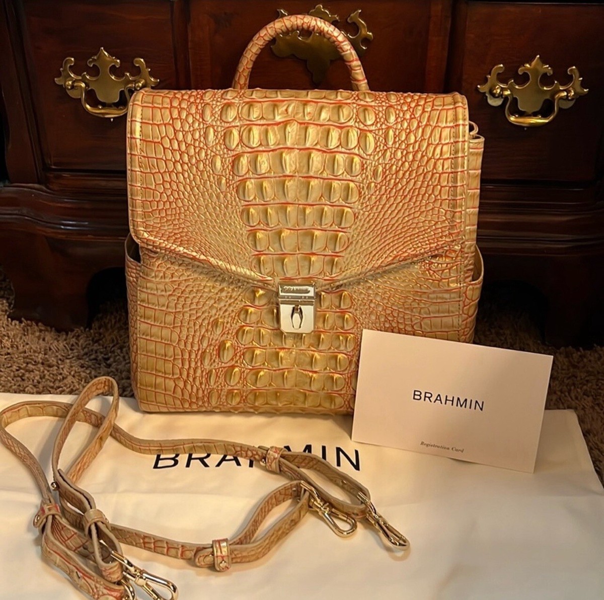 Brahmin Liz - Pecan Melbourne Croc-Embossed Brown Backpack Brahmin Liz Sunkiss Melbourne Croc Embossed Leather BackPack  main image 2