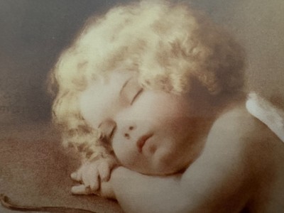 VTG BESSIE PEASE GUTMANN ''CUPID CAUGHT NAPPING'' MATTED PRINT READY FRAME 8''X10''
