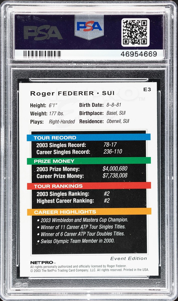 2003 Netpro Elite Roger Federer Event Edition #E3 PSA 10