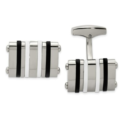 Stainless Steel Polished Black/White Rubber Bands Rectangle Cuff Links