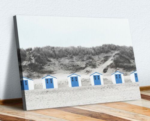 Blue Beach huts Black White Canvas Wall Art Picture Print Summer Home - Picture 1 of 5