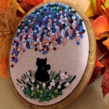 Quadro Ricamato Handmade  Wall Art 2D in Cotone Paesaggio Moderno Ovale 11x14 Cm