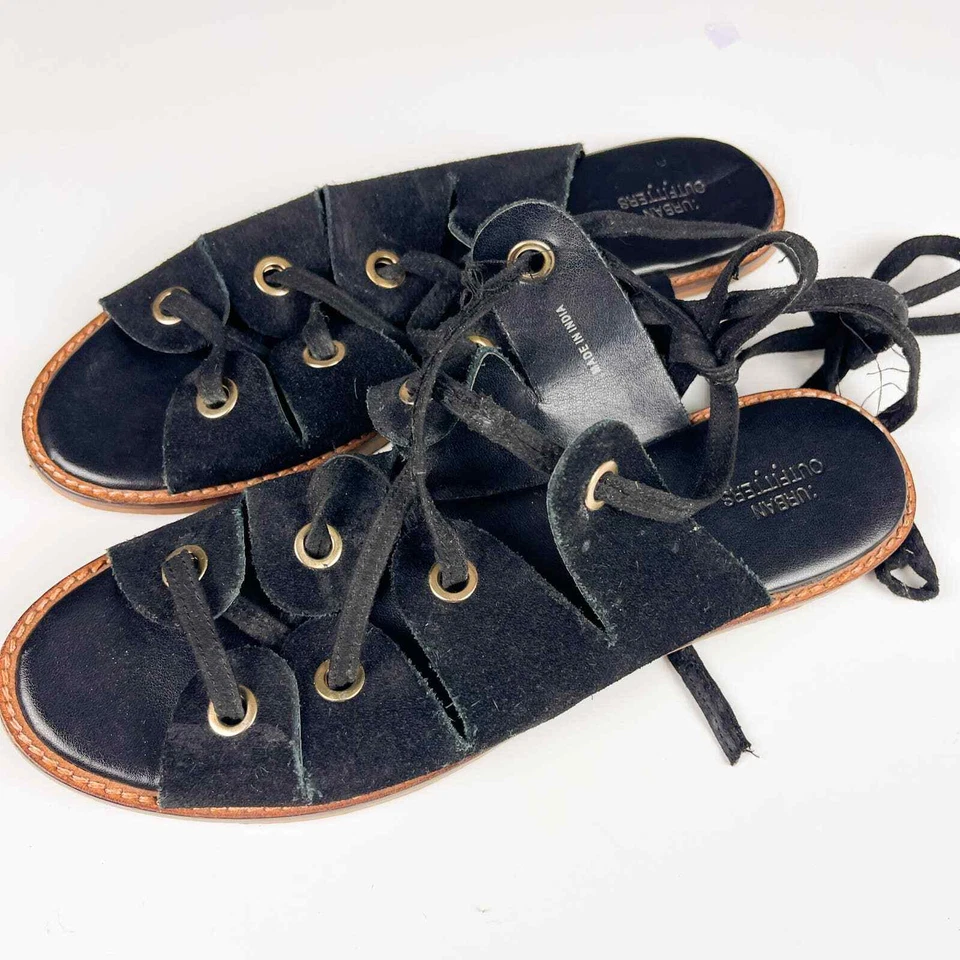 Urban Outfitters 38 US 7 Bonnie Suede Leather Lace Up Ankle Wrap Sandals Black - Image 4 of 4