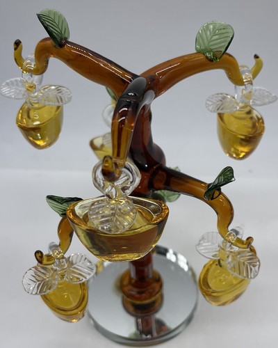 Pier One Amber Glass Tree Miniature Gold Apples Green Leaves Mirrored Base - Picture 6 of 11