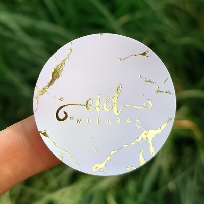 Eid Mubarak Metallic Folie Aufkleber Blatt (10er Pack) Rund Kreis (Weiß & Gold)