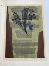 Fumio Fujita Woodblock Print Japanese Modernism 1960’s Rare Bird Landscape