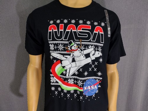 NASA Santa Claus Rocket T Shirt Adult Large Black Cotton Shuttle Snowman New SS - Picture 5 of 8