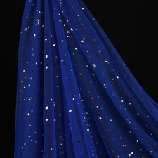 54" x 8 Yards Glitter Tulle Fabric Roll Royal Blue Gold Stars Moon DIY Wedding
