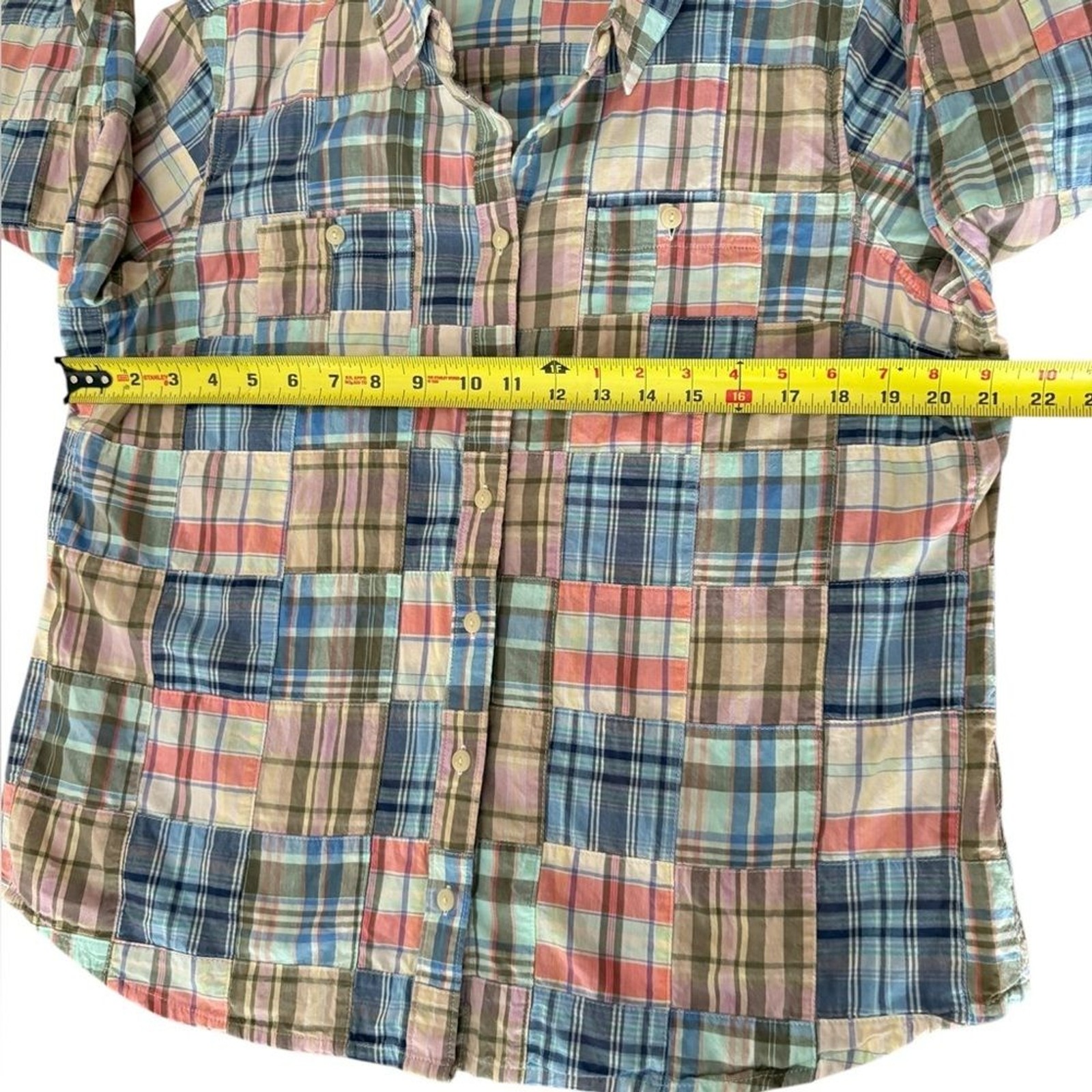 LL Bean Button Front Top Plaid Patchwork Long Sle… - image 10