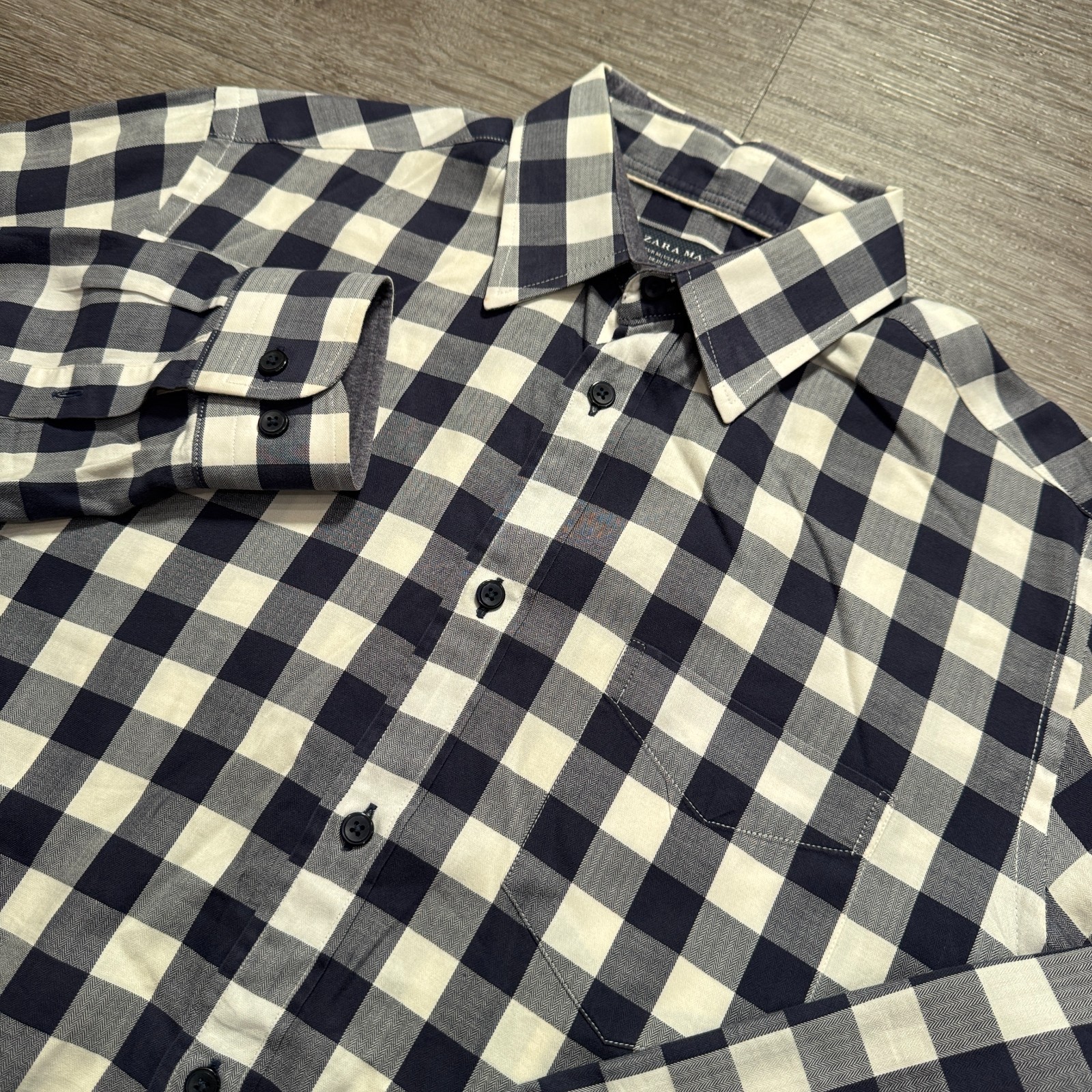 Zara Man Shirt Mens Medium Blue Plaid Gingham Check Long Sleeve Button Up Slim