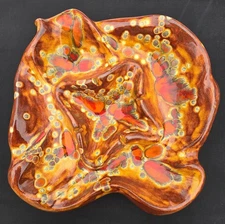 Gorgeous LRG Vintage Ceramic Drip Glaze MCM Ashtray Made In USA Brown Orange