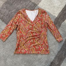 Talbots Women's Medium Paisley Print V-Neck 3/4 Sleeve Ruched Top Coral