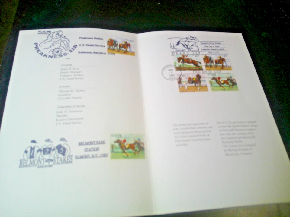 SPORTS HORSES Booklet w/6 Stamps 1993 Featuring PREAKNESS, BELMONT & DERBY (XF - Image 2 of 2