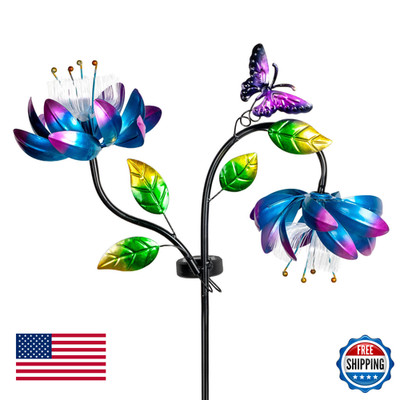 50'' Solar Kinetic Blue Lotus Metal Wind Spinner Garden Yard Art Decoration