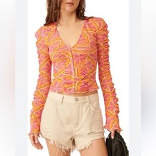 Free People Through the Meadow Ruched Mesh Top - Grapefruit Seltzer - XS - NWT