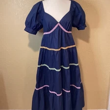 English Factory Anthropologie Navy Blue Maxi Dress, Embroidered Stripe, Size Med