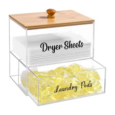 Acrylic Laundry Pods Contianer and Dryer Sheet Holder Set with Bamboo Lid, Di...