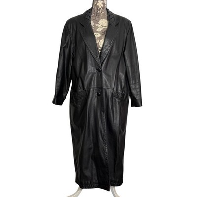 Global Identity GIII Womens Black Leather Long Trench Duster Coat L Made Korea
