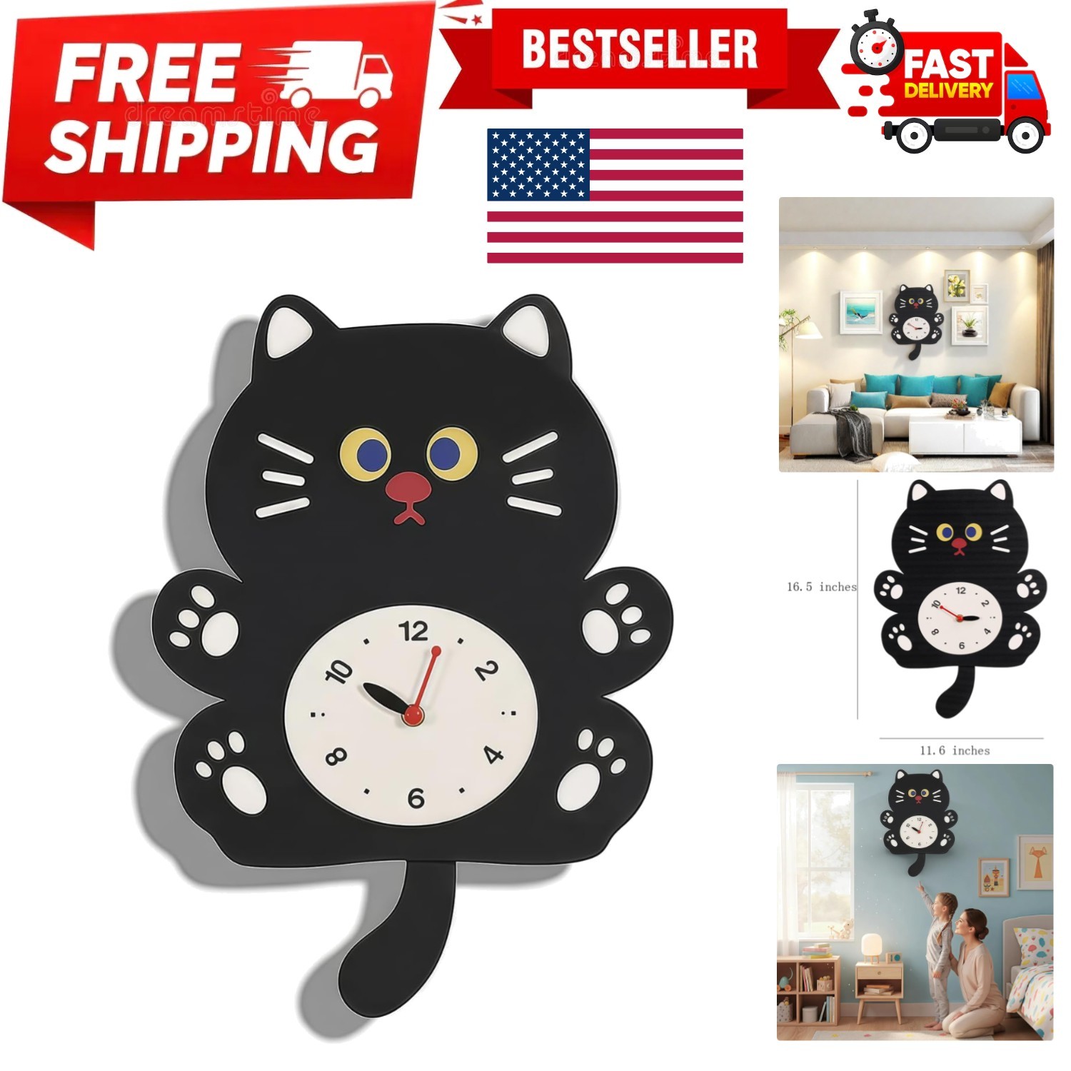 Adorable Cat Themed Swing Wall Clock, Silent Pendulum Clock, Easy to Read Ana...