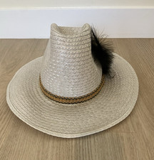 Western Straw Cowboy Hat Sz 6 7/8 Feather Hatband Country Ranch Apache