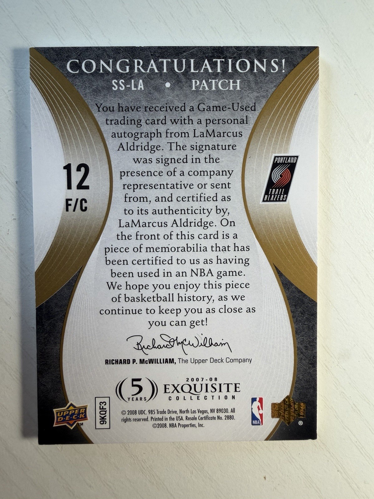 LAMARCUS ALDRIDGE 2008 UD EXQUISITE SCRIPTED SWATCH AUTO PATCH /15 view 2