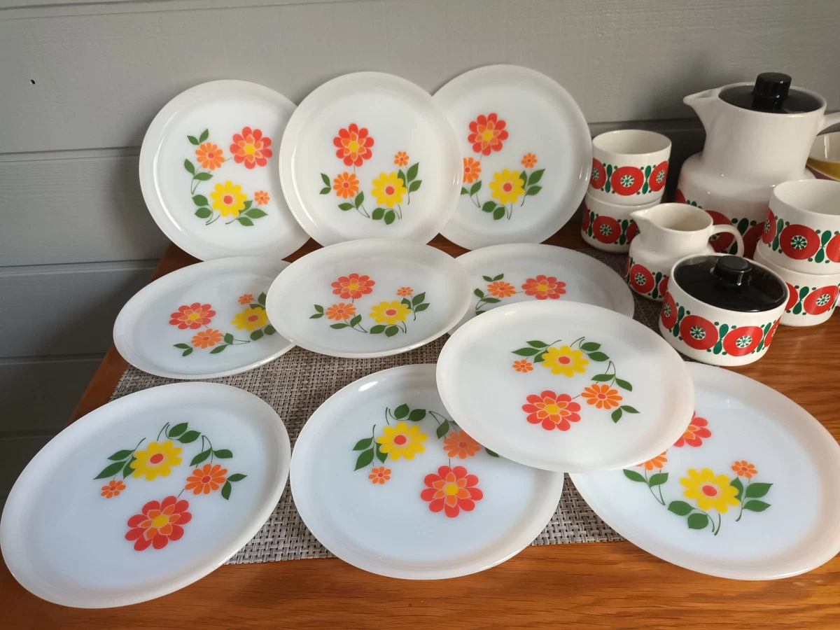 Lot De 6 Assiettes Plates Vintage En Verre Arcopal - Motif Fleurs Multicolores (Occasion)