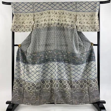 Japanese Silk Houmongi Kimono L 160cm Gray Thread spool Grass and flowers 015390