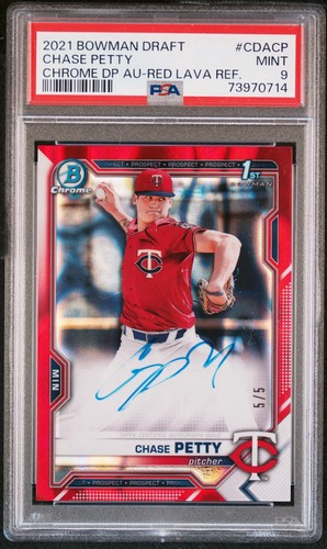 2021 Bowman Draft Chrome Chase Petty Red Lava Auto /5 Refractor 1st Reds PSA 9