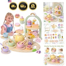 Wooden Tea Party Set for Little Girls Toddler Tea Set with Cupcake Stand  Fo...