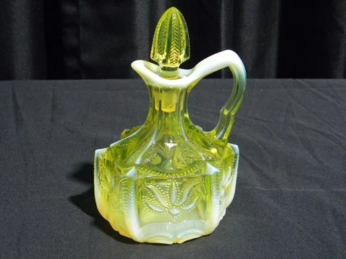 FENTON CANARY YELLOW VASELINE OPALESCENT MARIGOLD CACTUS LEVY CRUET WITH STOPPER