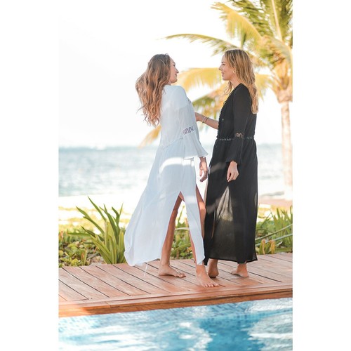 PLUMERO CUBIERTA DE PLAYA KIMONO ABIERTO T. ZOVICH manga campana ecológica blanco pequeño - Imagen 12 de 14