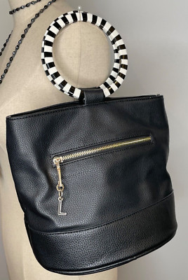 Moda Luxe- Authentic Black Faux Leather Handbag/Purse-Black & White Ring Handles
