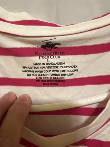 NWT Beverly Hills Polo Club Embroidered Tee Sz Large White w/Pink Stripe V Neck - Picture 3 of 9