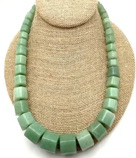 Vintage Green Jade Jadeite Hexagon Bead Necklace Double Hand Knotted Statement