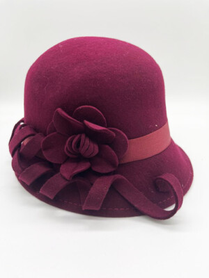 New Adora Women's Red Wine Felt Cloche Hat With Twist & Flower Accent
