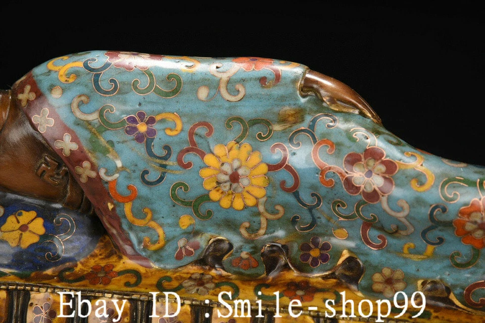 Estatua de Buda Durmiente Shakyamuni de bronce esmaltado Cloisonne de China antigua de 12,5" Foto 3 de 4