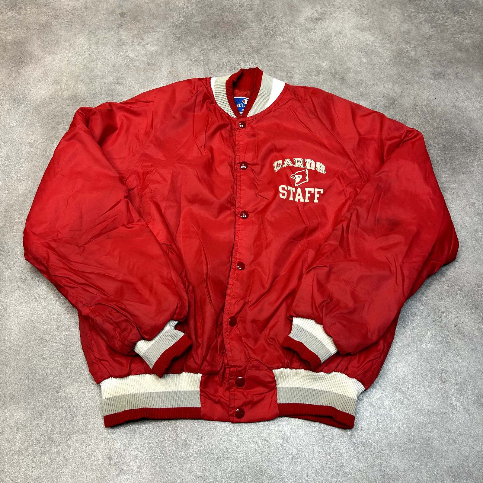 Champion Varsity Jacket Mens Large Vintage Full Zip Cards Staff Bomber Coat, Red