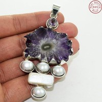 Solid 925 Sterling Silver Amethyst Druzy, Pearl Pendant Jewelry 3.5 Ah496 Solid 925 Sterling Silver Amethyst Druzy, Pearl Pendant Jewelry 3.5 Ah496