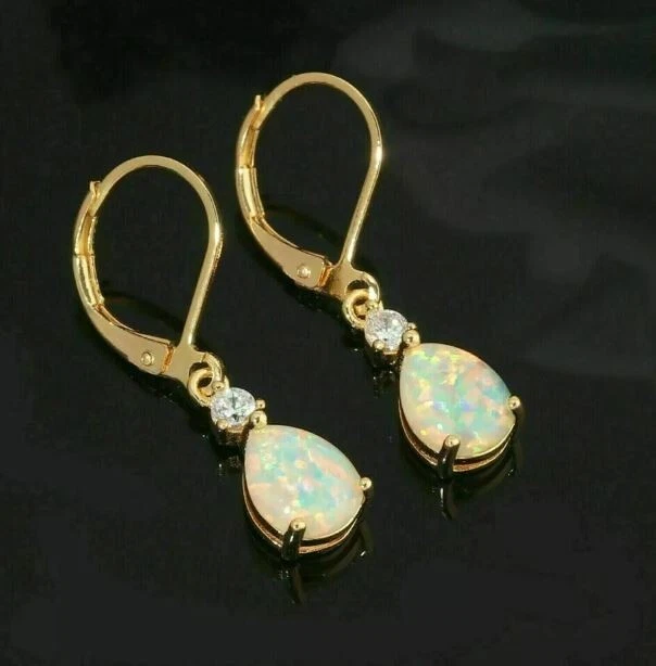 3Ct Lab Created Fire Opal Diamond Halo Drop Dangle Earrings 14k Yellow Gold Over - Image 4 of 4