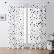 2 Panels Leaf Embroidered Sheer Curtains, Voile Rod Pocket Textured Drapes