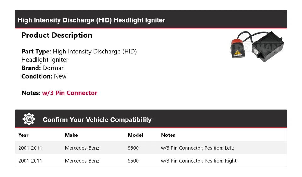 Encendedor de faros HID para Mercedes-Benz S500 Dorman 2001-2011 2002 2003 2004 Foto 2 de 4