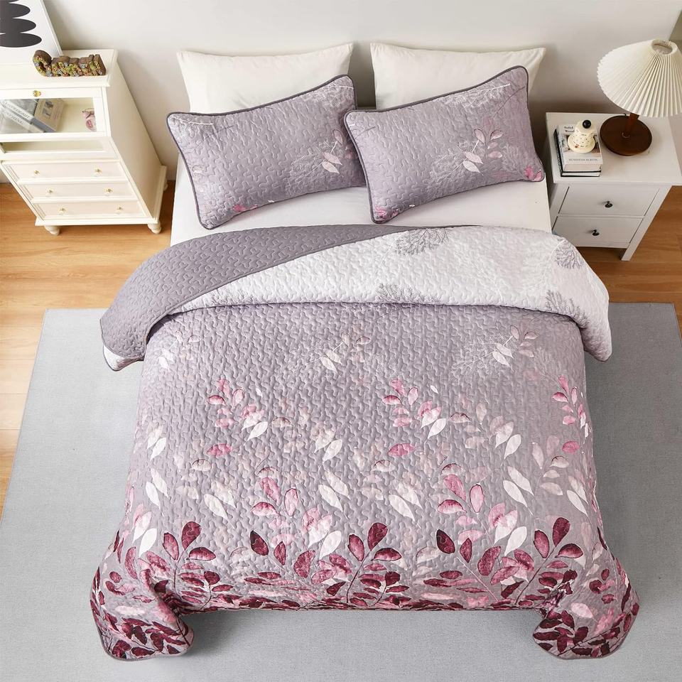 Quilt Set Queen Size,3 Piece Pink Floral Leaves Bedspread Coverlet Set