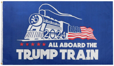 All Aboard The Trump Train 2024 Blue 100D Woven Poly Nylon 6'x10' Flag Banner