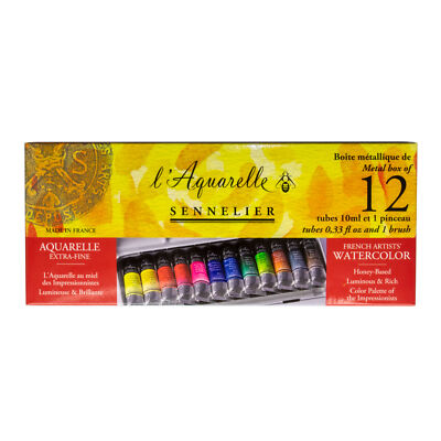 Sennelier extrafeine Aquarellfarben Set - 12 Tuben je 10ml und 1 Pinsel N131611